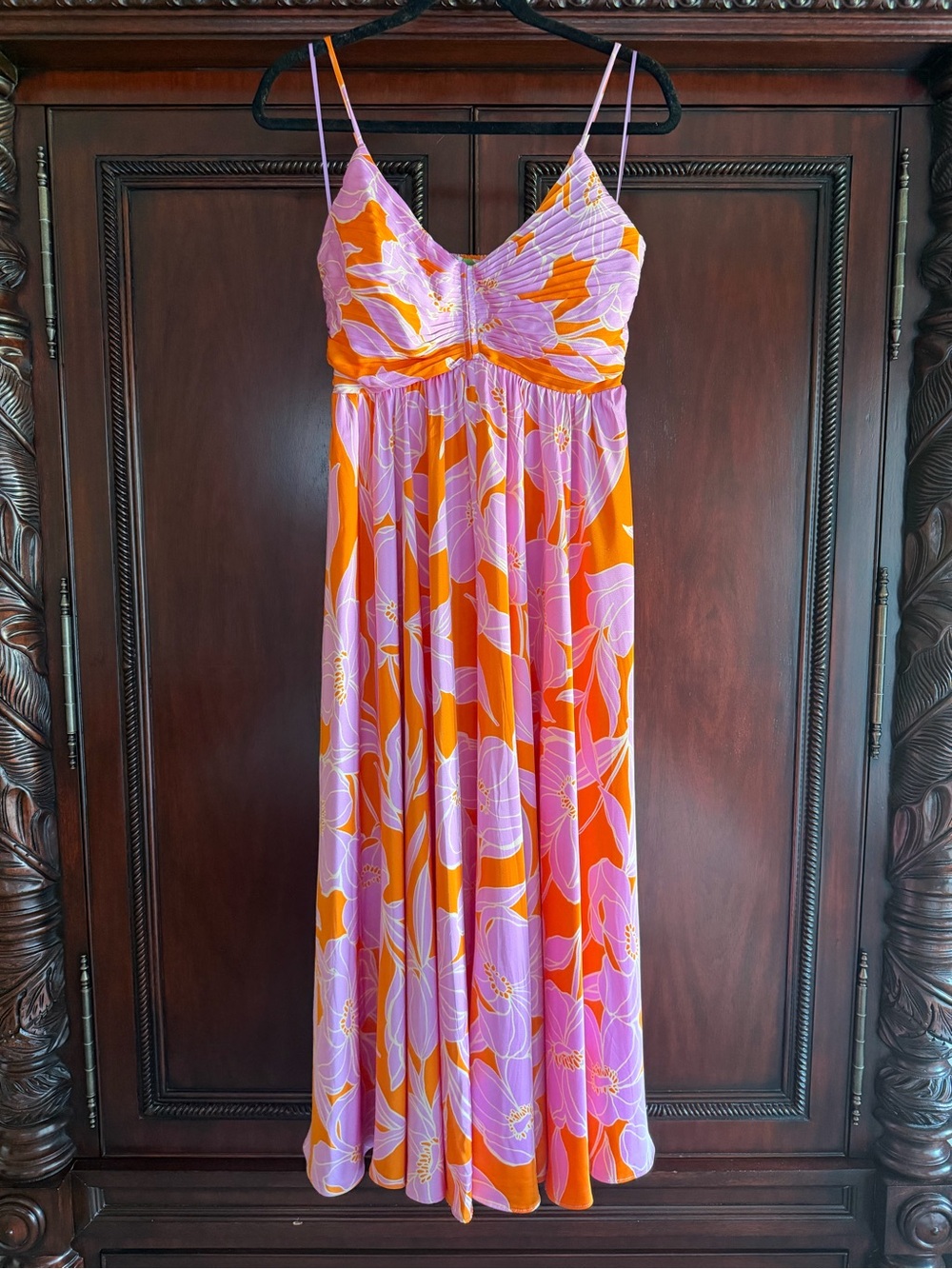 ASTR The Label Maeve Pleated Midi Dress Orange Pink Floral | Size Small